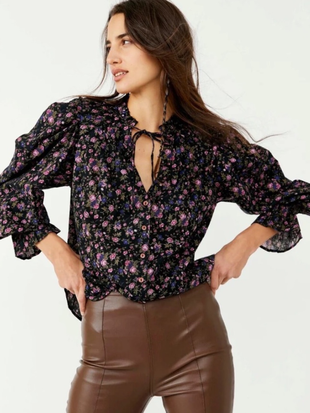 Free People Meant To Be Floral Blouse in Black Pink
